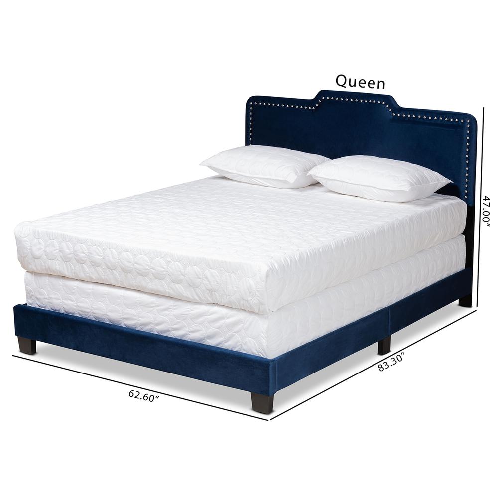 Glam Navy Blue Velvet Fabric Upholstered Full Size Panel Bed. Picture 18