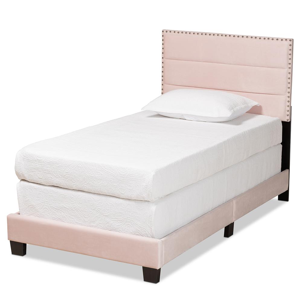 Glam Light Pink Velvet Fabric Upholstered Twin Size Panel Bed. Picture 9