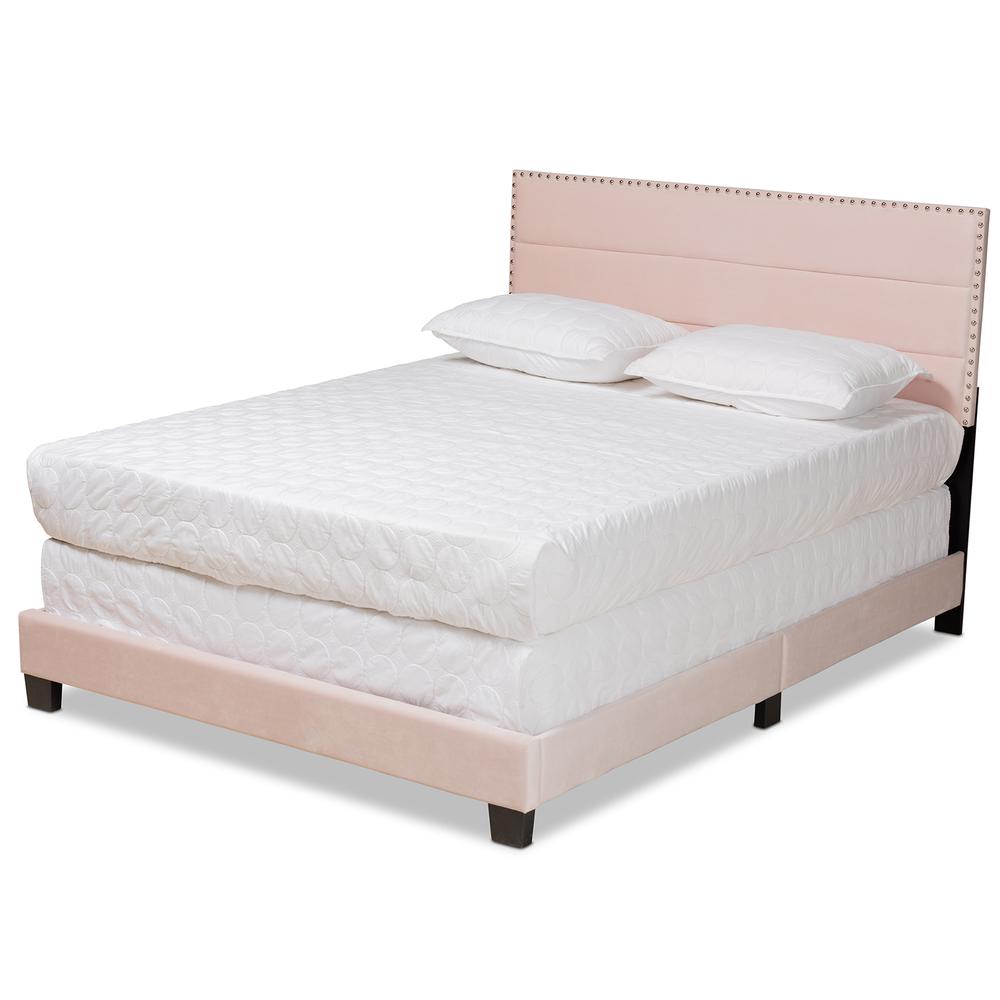 Glam Light Pink Velvet Fabric Upholstered Full Size Panel Bed. Picture 10
