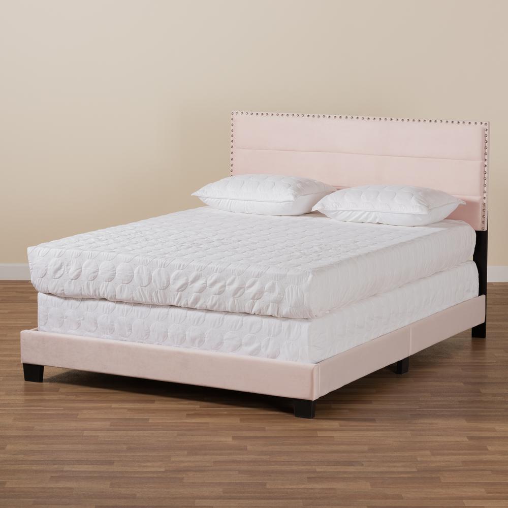 Glam Light Pink Velvet Fabric Upholstered Full Size Panel Bed. Picture 16
