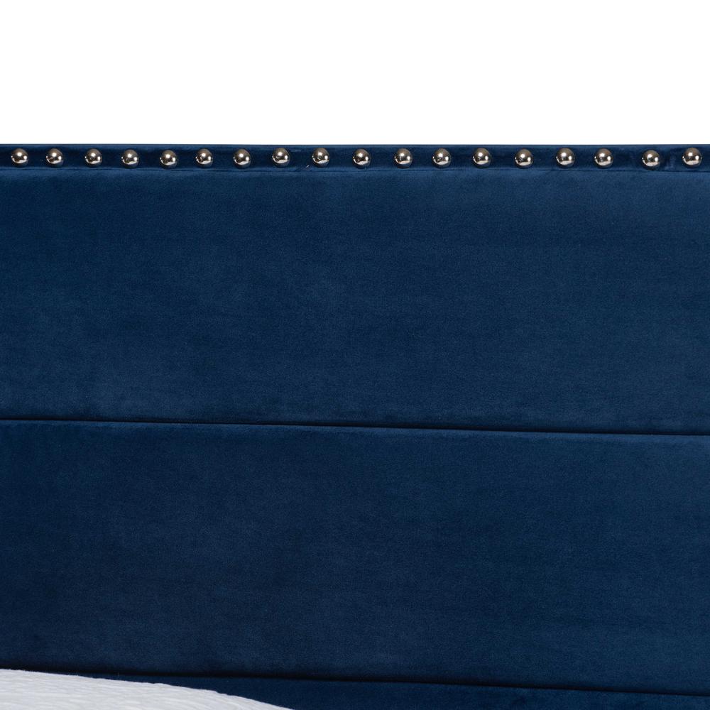 Glam Navy Blue Velvet Fabric Upholstered Twin Size Panel Bed. Picture 12