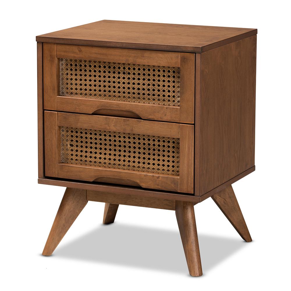 Modern Walnut Brown Finished Wood and Synthetic Rattan 2-Drawer Nightstand. Picture 12