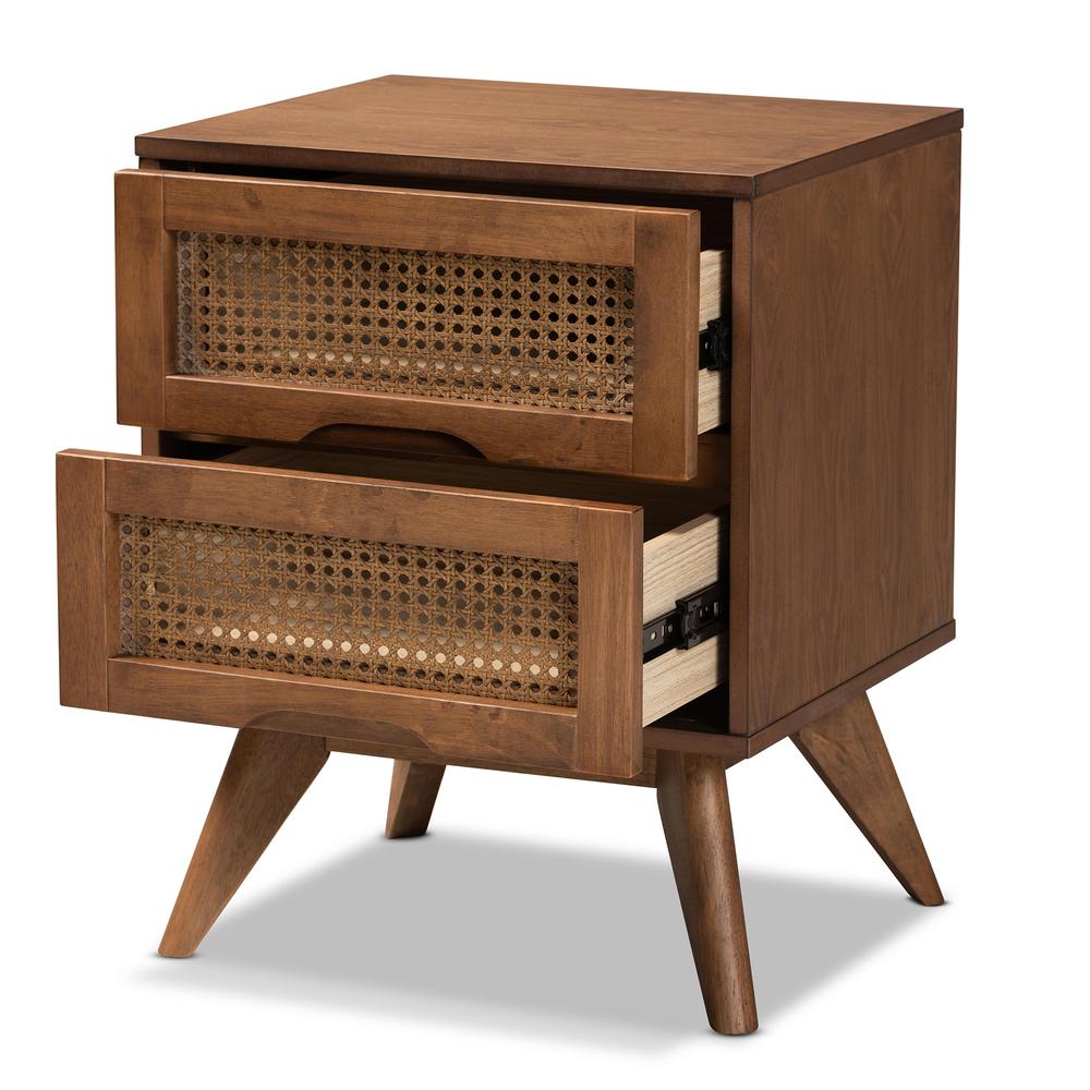 Modern Walnut Brown Finished Wood and Synthetic Rattan 2-Drawer Nightstand. Picture 13