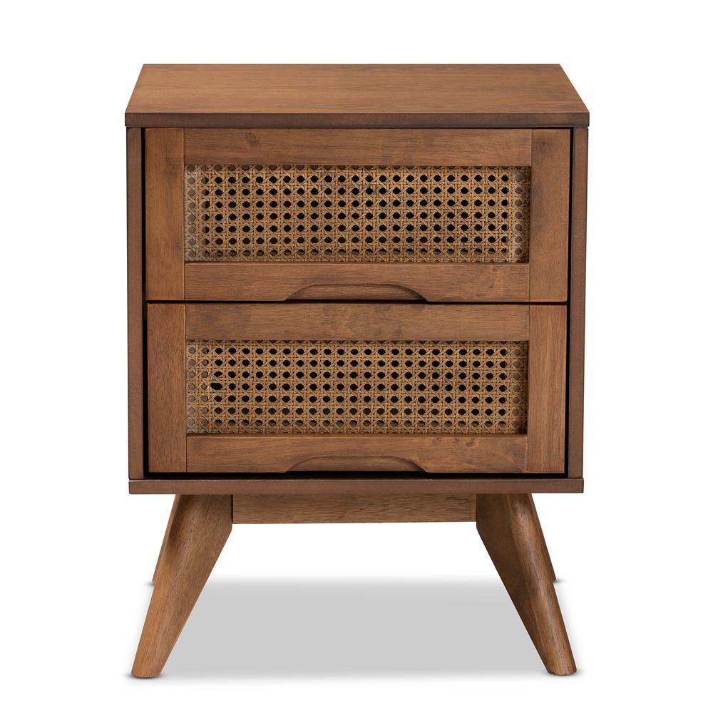 Modern Walnut Brown Finished Wood and Synthetic Rattan 2-Drawer Nightstand. Picture 14