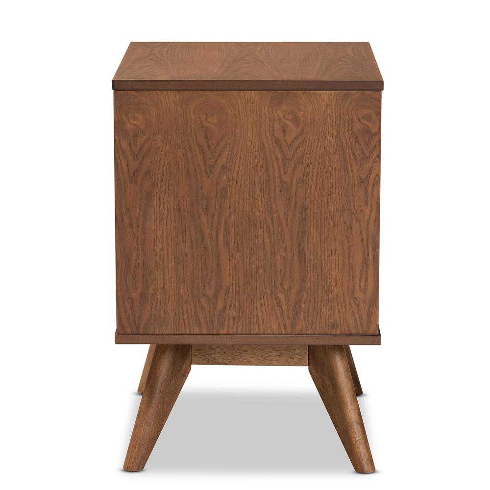 Modern Walnut Brown Finished Wood and Synthetic Rattan 2-Drawer Nightstand. Picture 15