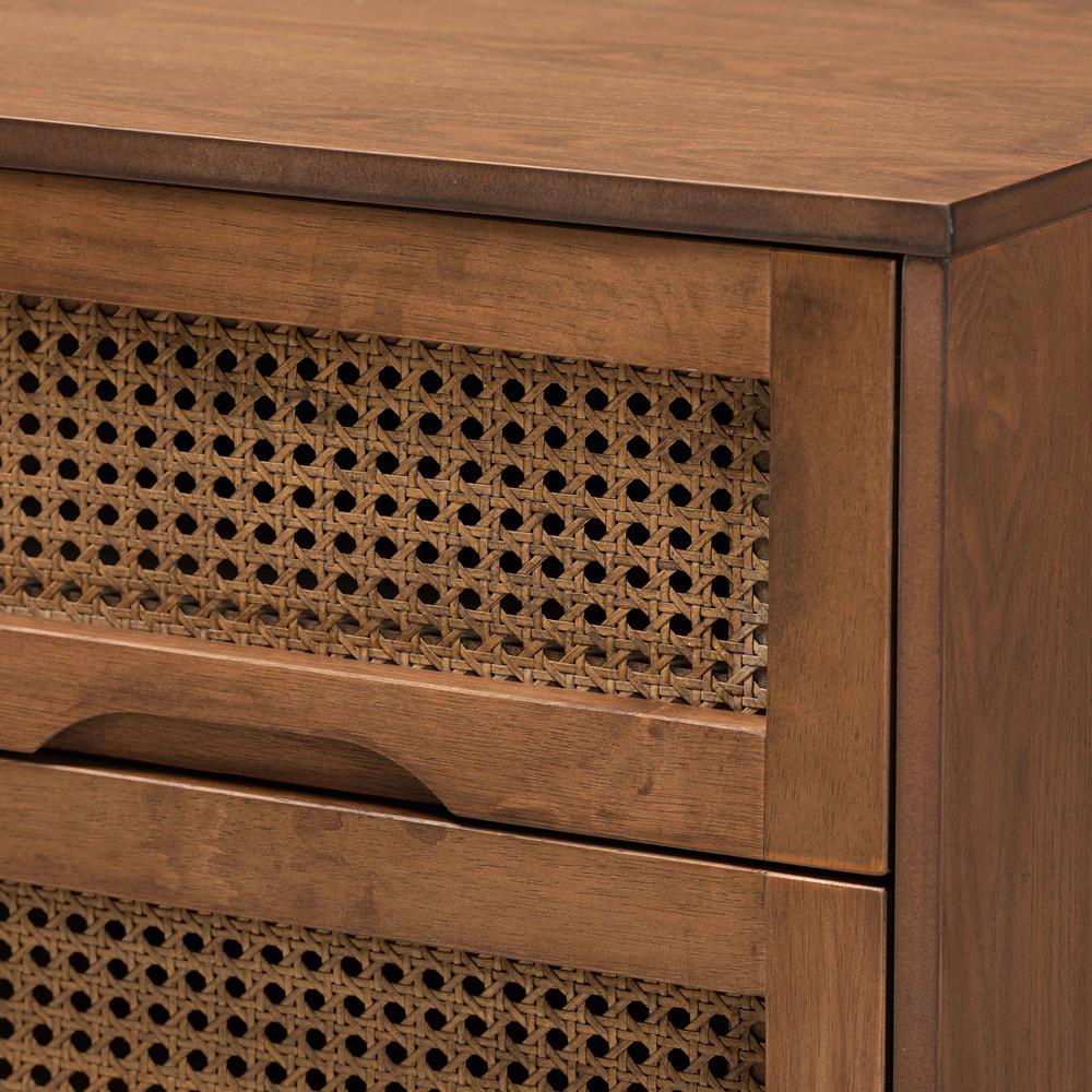 Modern Walnut Brown Finished Wood and Synthetic Rattan 2-Drawer Nightstand. Picture 16