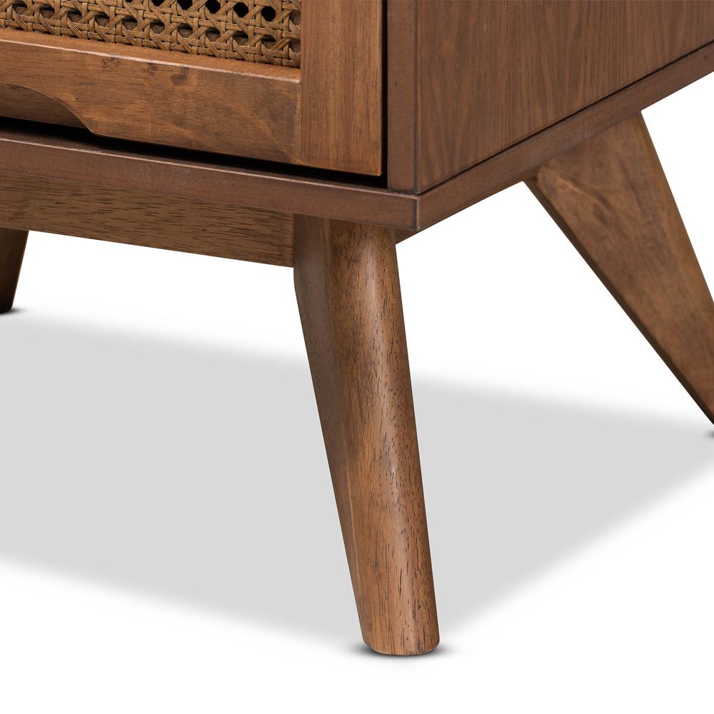 Modern Walnut Brown Finished Wood and Synthetic Rattan 2-Drawer Nightstand. Picture 17