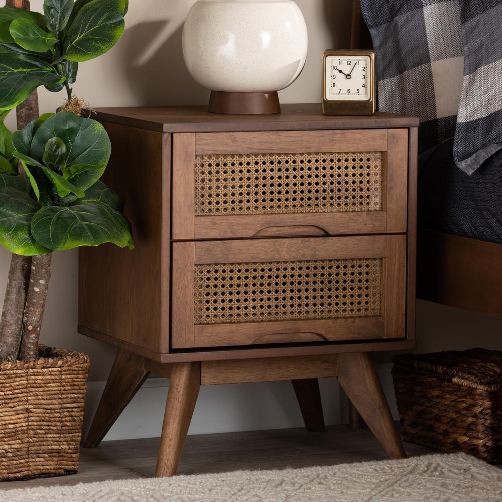 Modern Walnut Brown Finished Wood and Synthetic Rattan 2-Drawer Nightstand. Picture 19