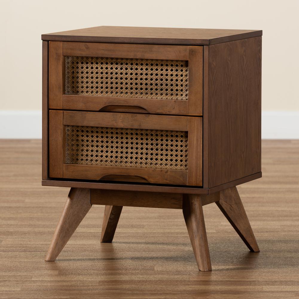 Modern Walnut Brown Finished Wood and Synthetic Rattan 2-Drawer Nightstand. Picture 20