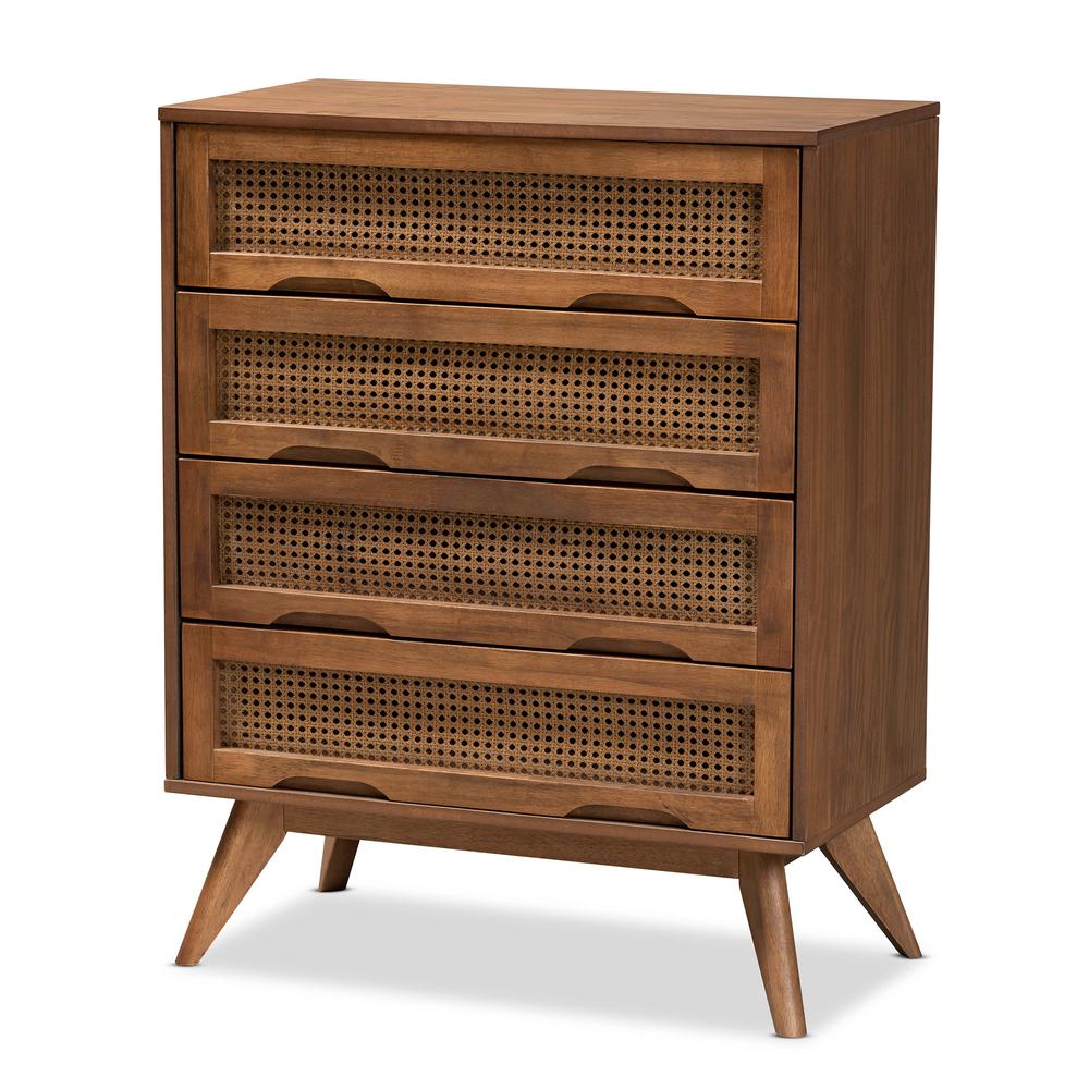 Modern Walnut Brown Finished Wood and Synthetic Rattan 4-Drawer Chest. Picture 12