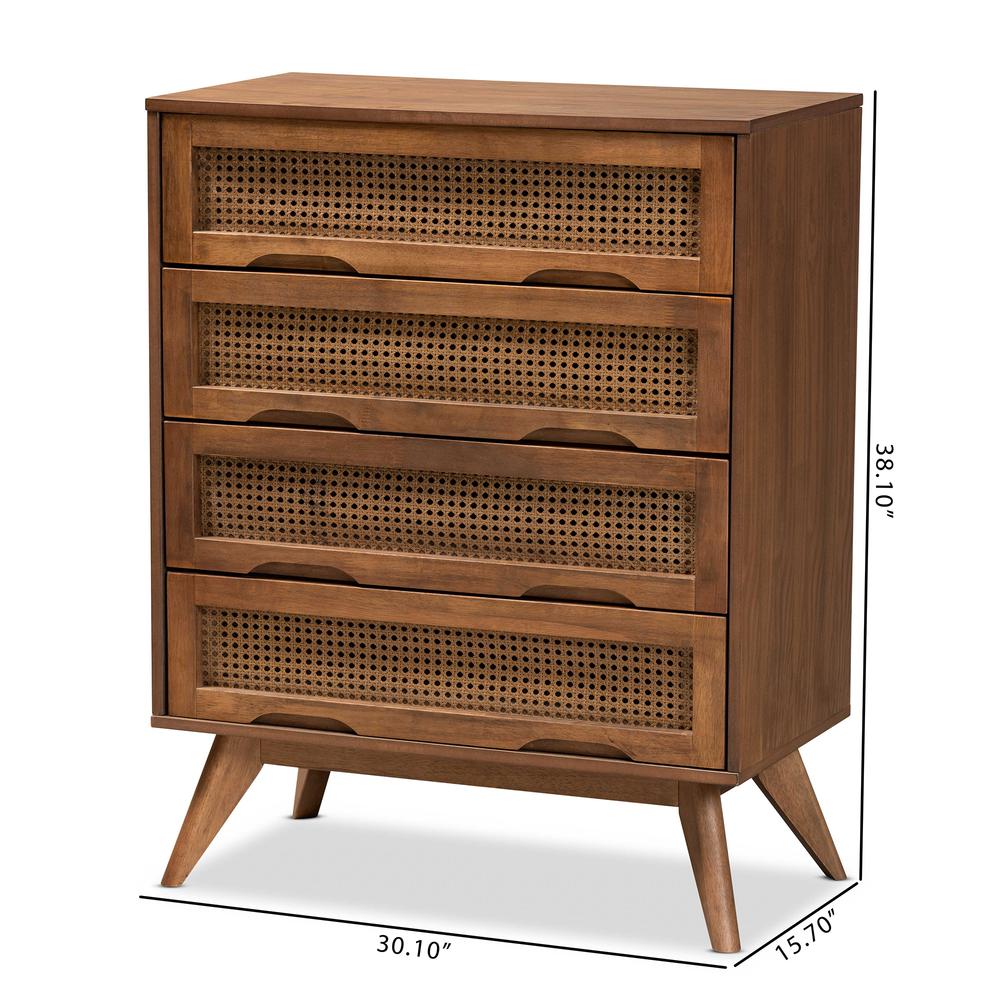 Modern Walnut Brown Finished Wood and Synthetic Rattan 4-Drawer Chest. Picture 21