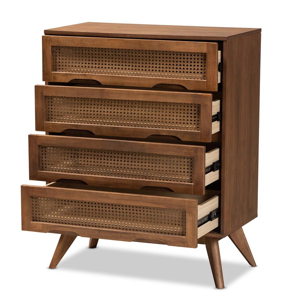 Modern Walnut Brown Finished Wood and Synthetic Rattan 4-Drawer Chest. Picture 13