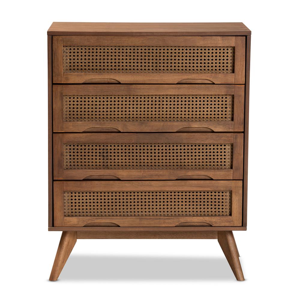 Modern Walnut Brown Finished Wood and Synthetic Rattan 4-Drawer Chest. Picture 14