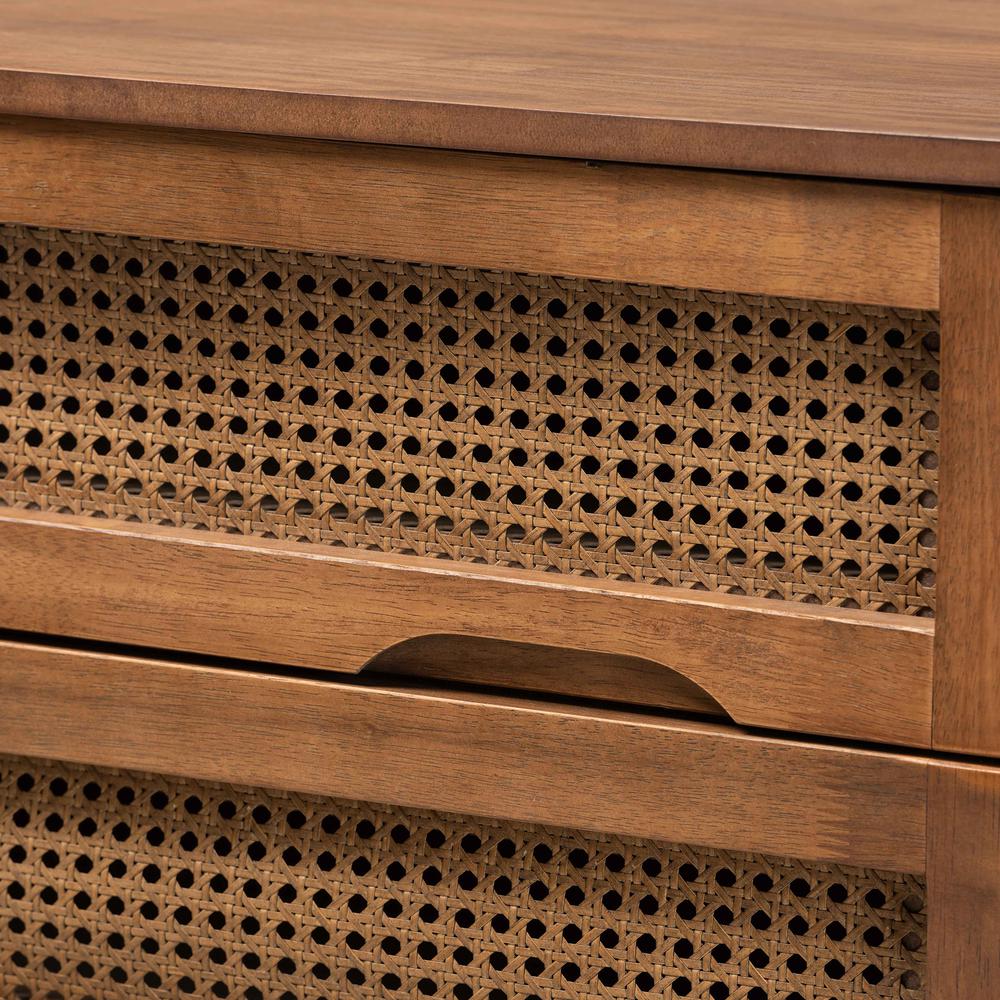 Modern Walnut Brown Finished Wood and Synthetic Rattan 4-Drawer Chest. Picture 16