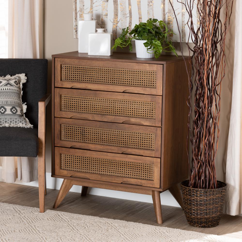 Modern Walnut Brown Finished Wood and Synthetic Rattan 4-Drawer Chest. Picture 19