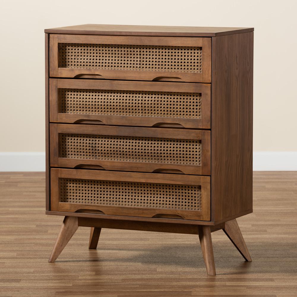 Modern Walnut Brown Finished Wood and Synthetic Rattan 4-Drawer Chest. Picture 20