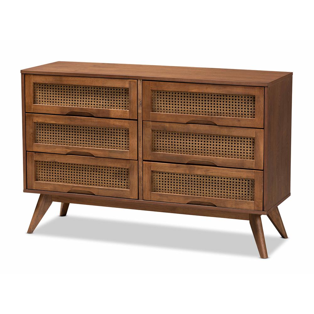 Modern Walnut Brown Finished Wood and Synthetic Rattan 6-Drawer Dresser. Picture 12