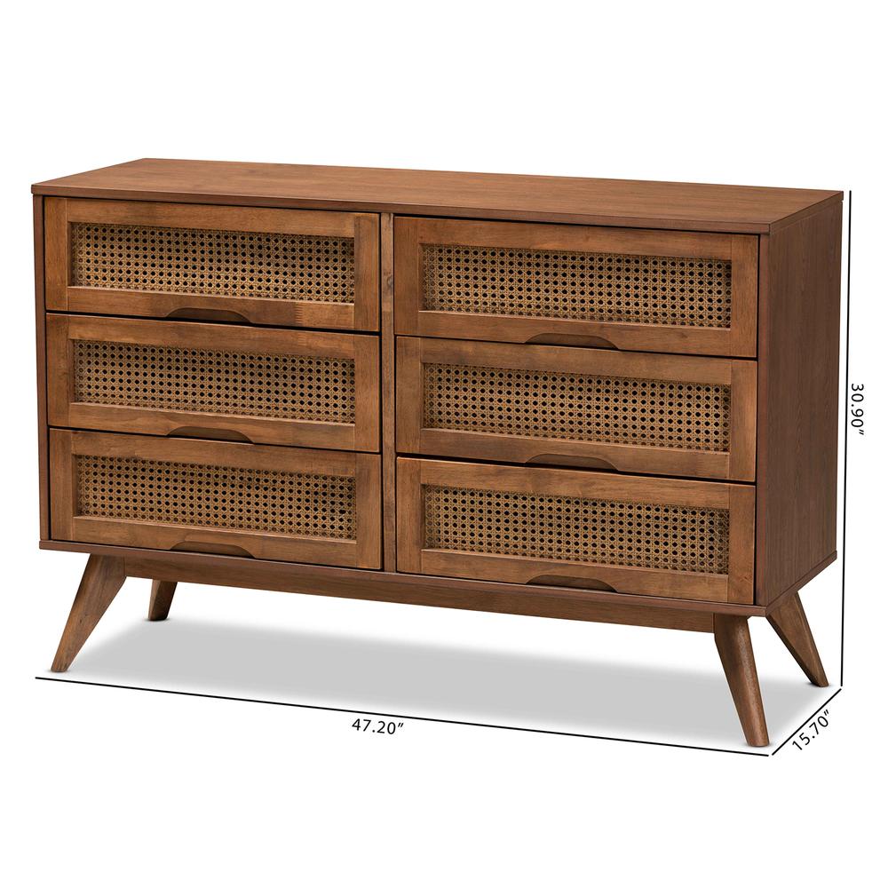 Modern Walnut Brown Finished Wood and Synthetic Rattan 6-Drawer Dresser. Picture 21