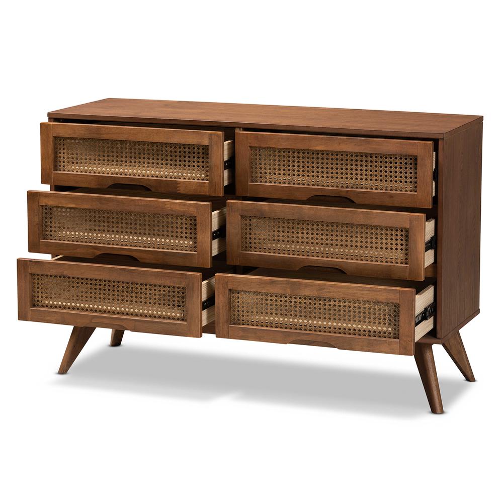 Modern Walnut Brown Finished Wood and Synthetic Rattan 6-Drawer Dresser. Picture 13
