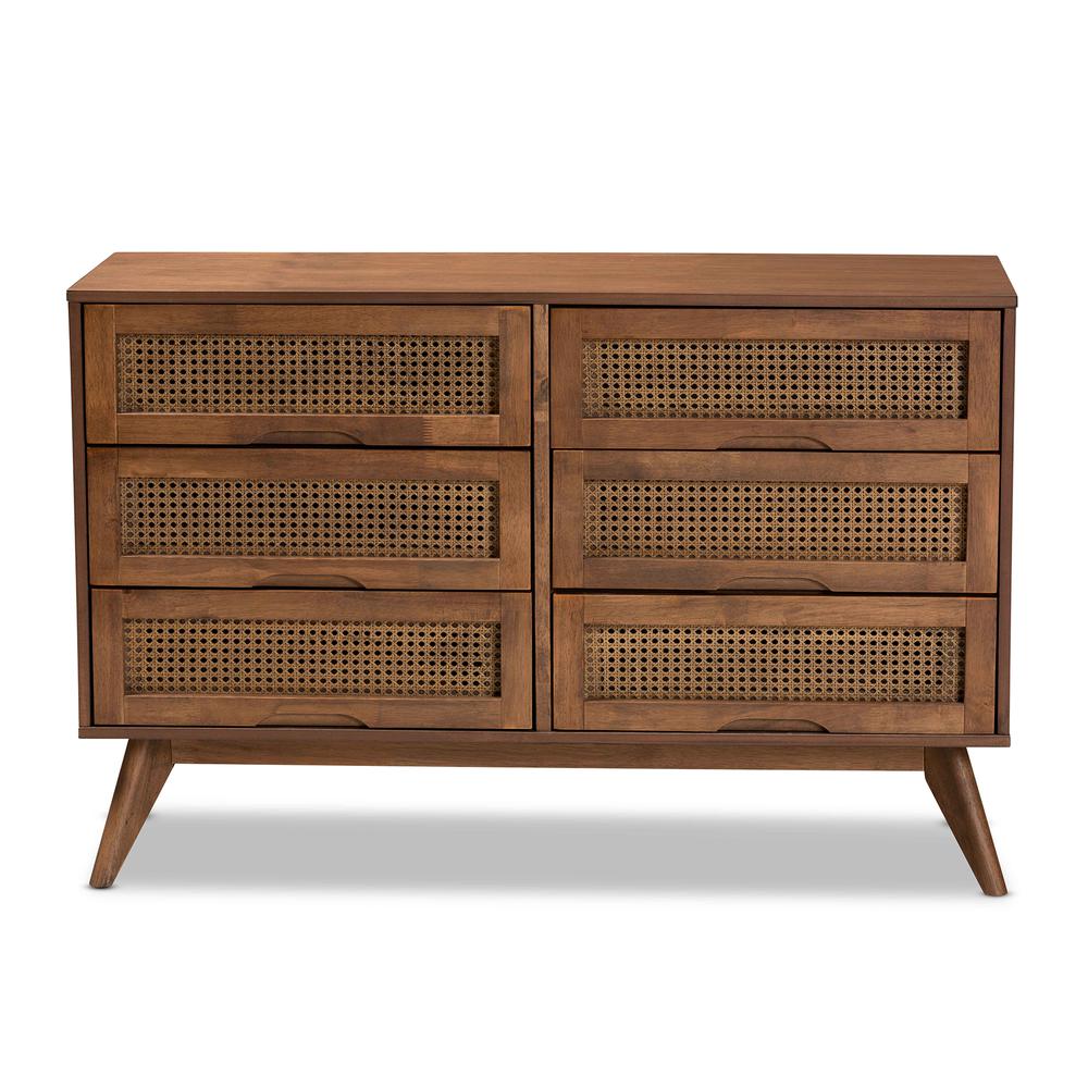 Modern Walnut Brown Finished Wood and Synthetic Rattan 6-Drawer Dresser. Picture 14