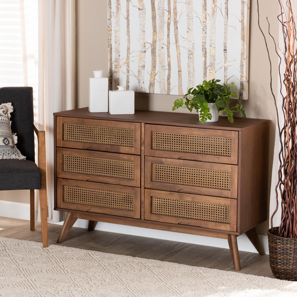 Modern Walnut Brown Finished Wood and Synthetic Rattan 6-Drawer Dresser. Picture 19