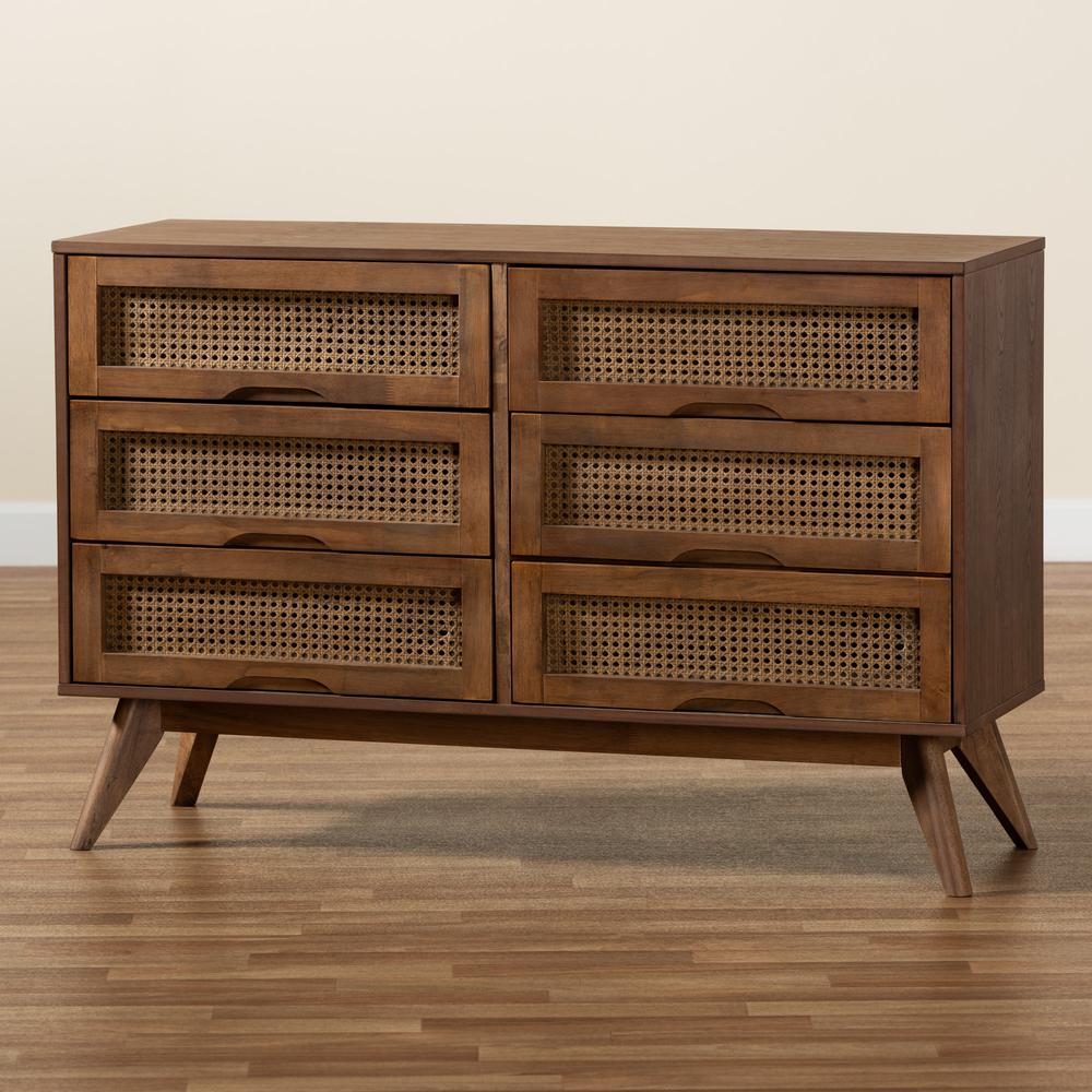 Modern Walnut Brown Finished Wood and Synthetic Rattan 6-Drawer Dresser. Picture 20