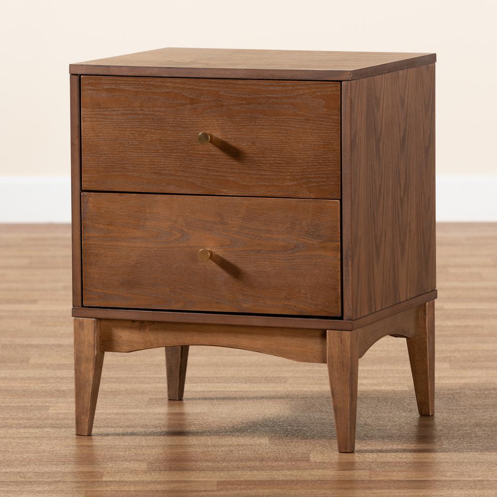 Landis Mid-Century Modern Ash Walnut Finished Wood 2-Drawer Nightstand. Picture 20