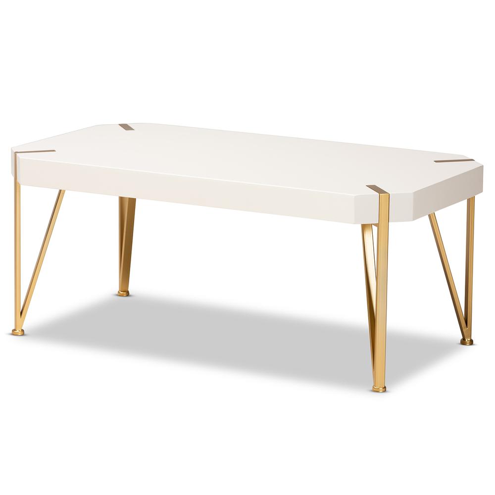 Glam and Luxe Brushed Gold Metal and White Finished Wood Coffee Table. Picture 9