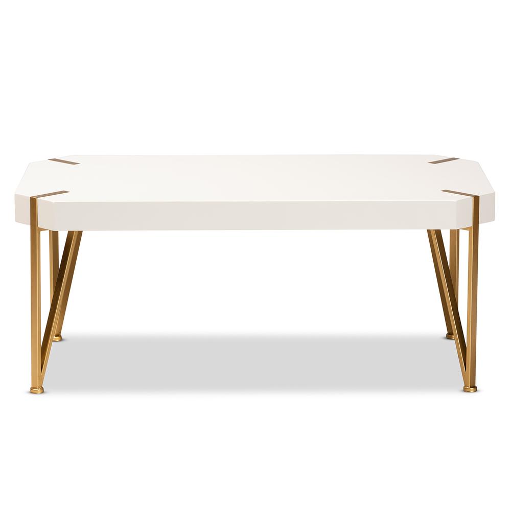 Glam and Luxe Brushed Gold Metal and White Finished Wood Coffee Table. Picture 10