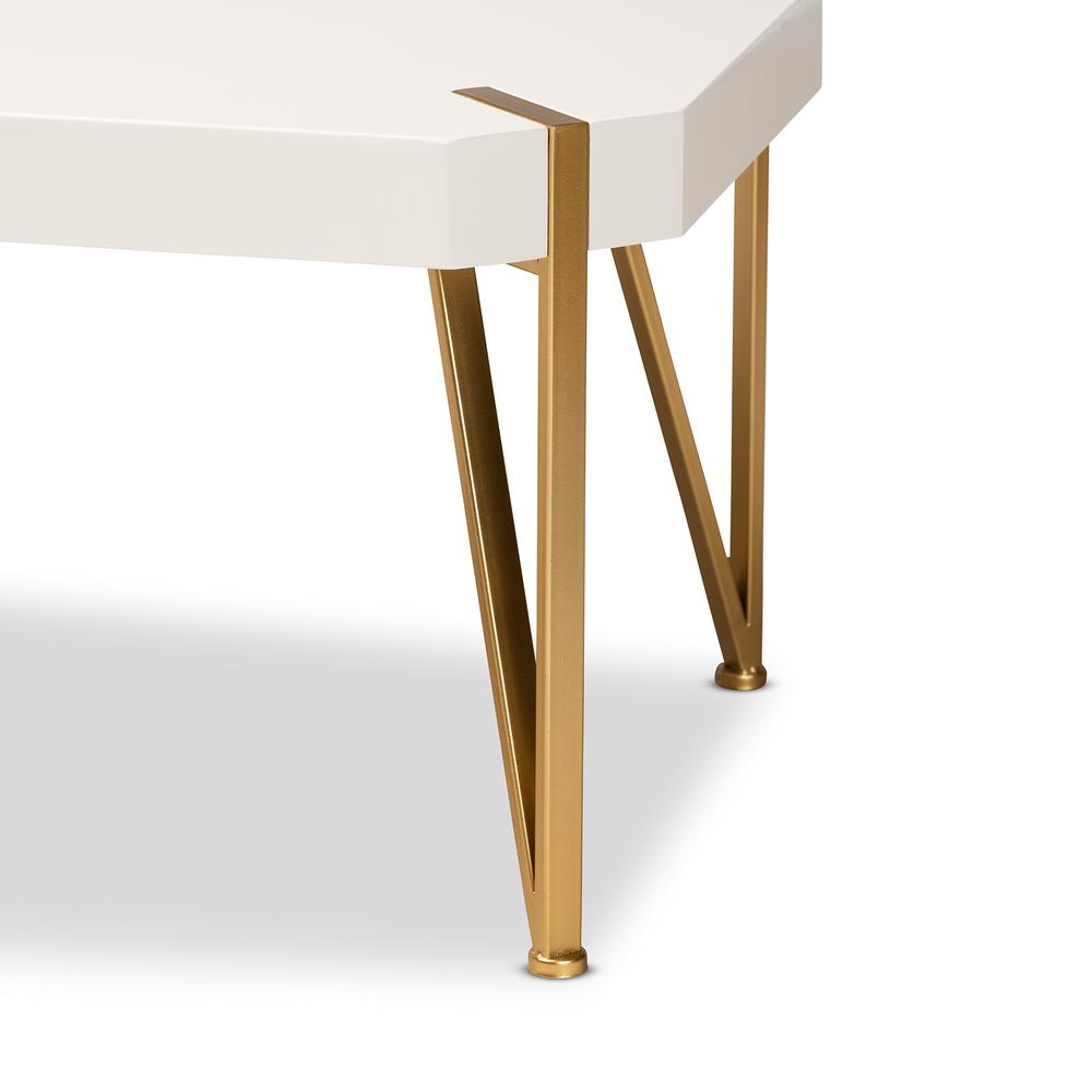Glam and Luxe Brushed Gold Metal and White Finished Wood Coffee Table. Picture 13
