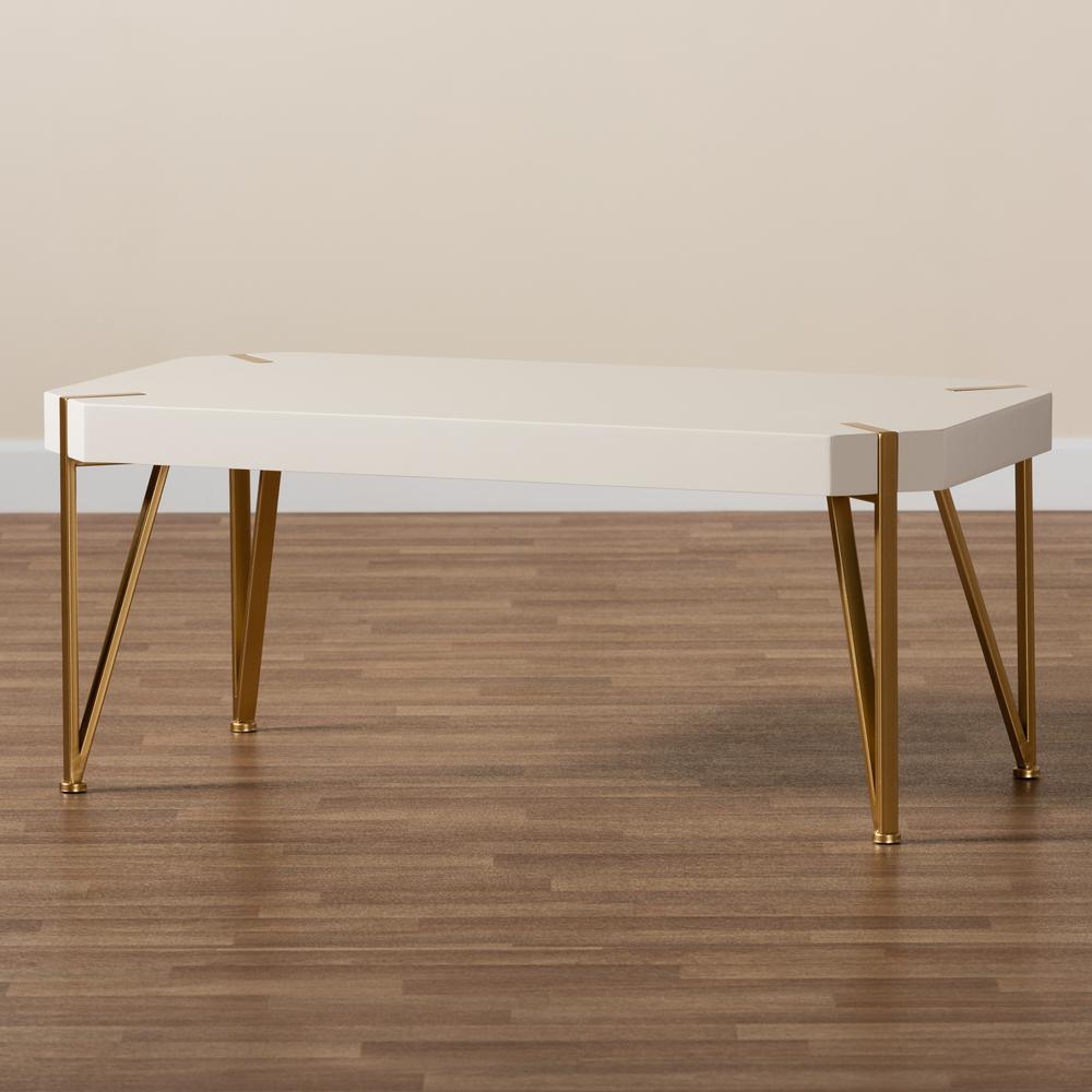 Glam and Luxe Brushed Gold Metal and White Finished Wood Coffee Table. Picture 15