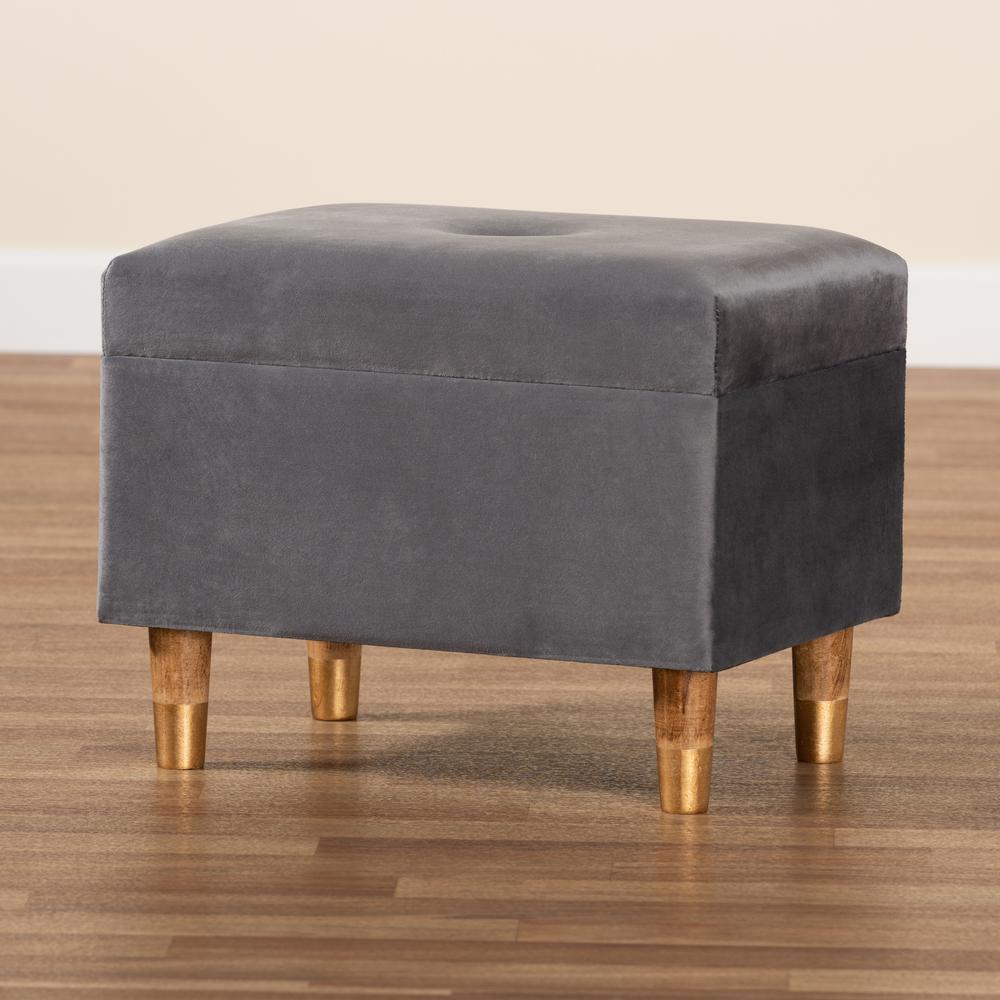Grey Velvet Fabric Upholstered and Oak Brown Finished Wood Storage Ottoman. Picture 21