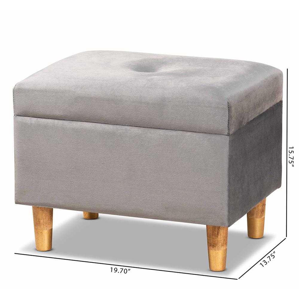 Grey Velvet Fabric Upholstered and Oak Brown Finished Wood Storage Ottoman. Picture 22