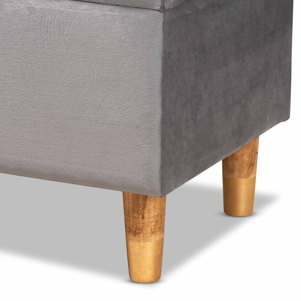 Grey Velvet Fabric Upholstered and Oak Brown Finished Wood Storage Ottoman. Picture 18