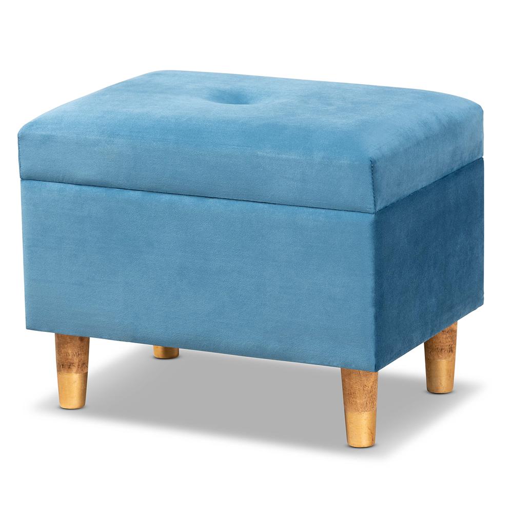 Sky Blue Velvet Fabric Upholstered and Oak Brown Finished Wood Storage Ottoman. Picture 12