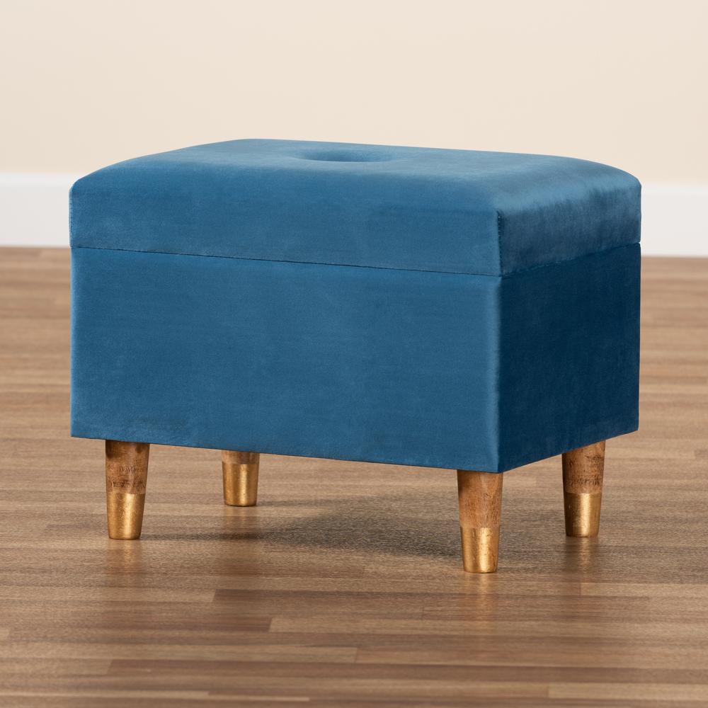 Sky Blue Velvet Fabric Upholstered and Oak Brown Finished Wood Storage Ottoman. Picture 21