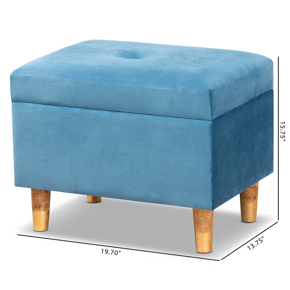 Sky Blue Velvet Fabric Upholstered and Oak Brown Finished Wood Storage Ottoman. Picture 22