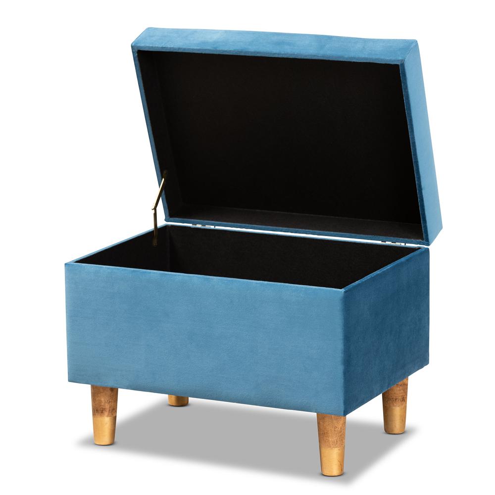 Sky Blue Velvet Fabric Upholstered and Oak Brown Finished Wood Storage Ottoman. Picture 13