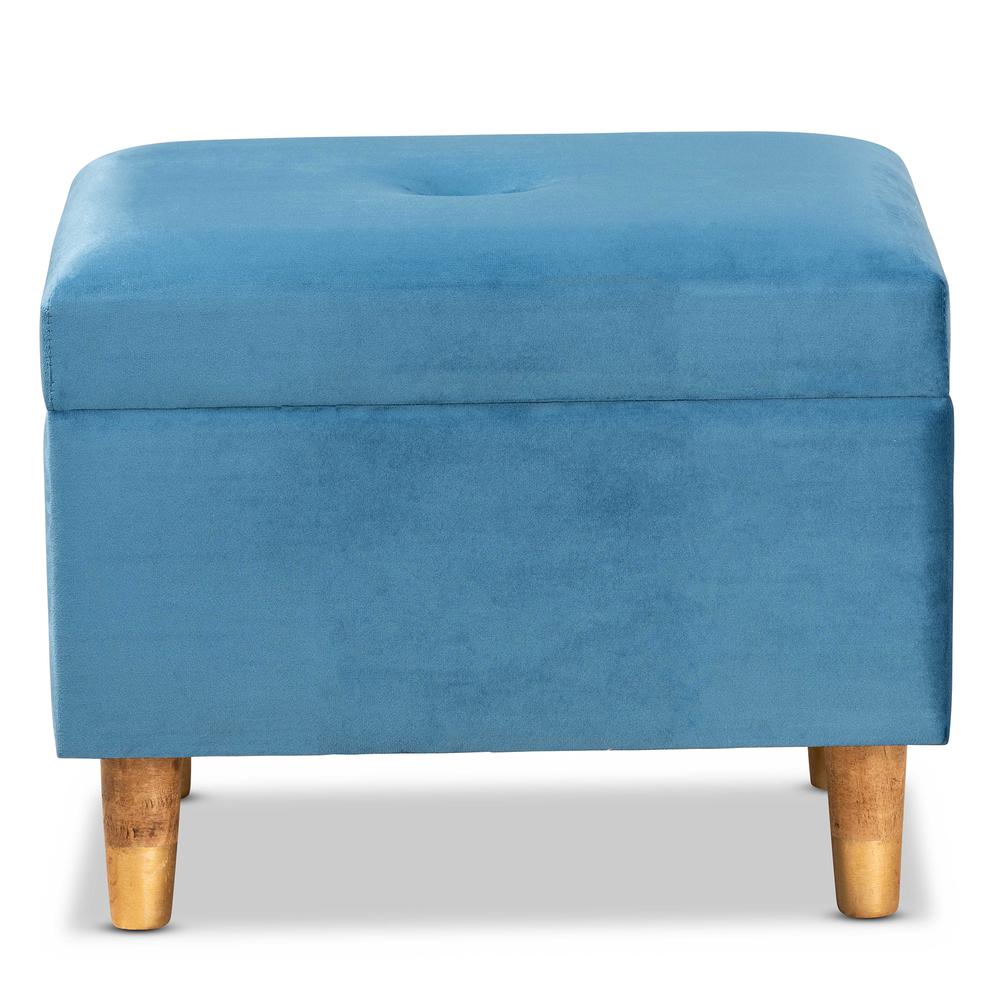 Sky Blue Velvet Fabric Upholstered and Oak Brown Finished Wood Storage Ottoman. Picture 14