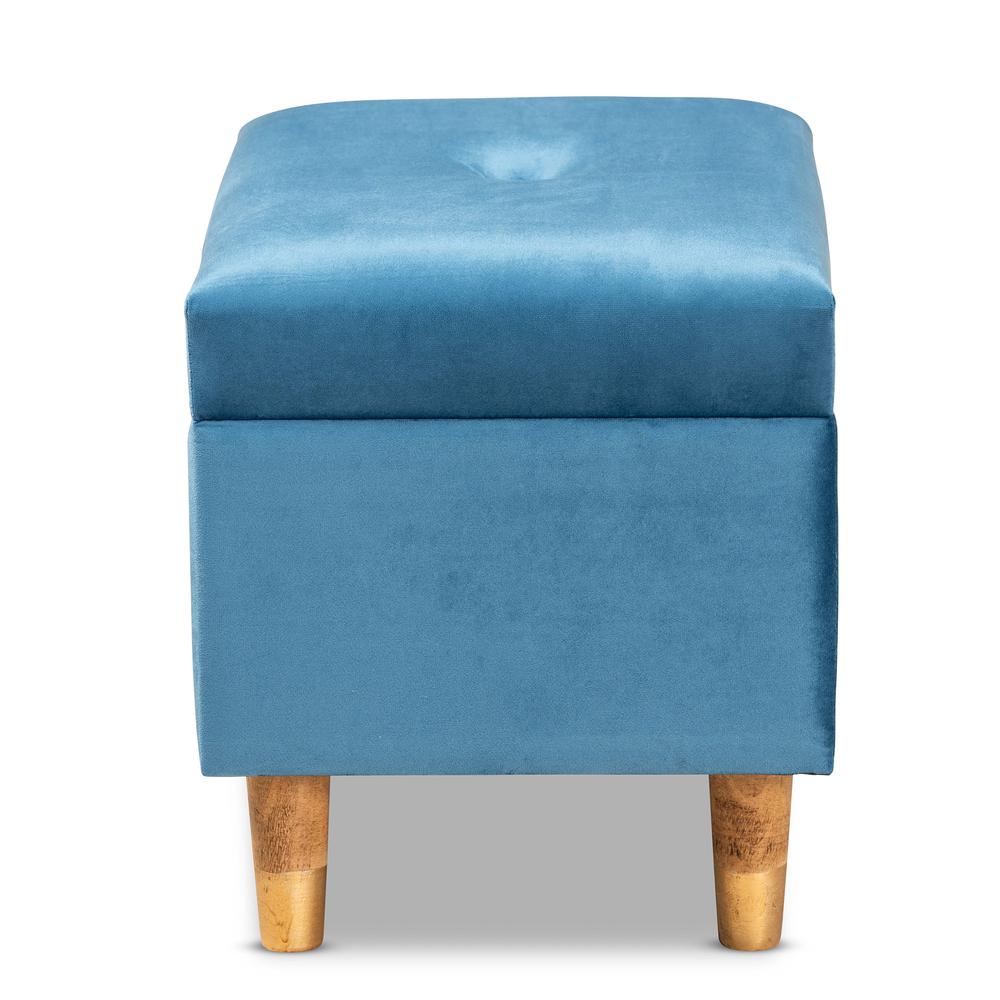 Sky Blue Velvet Fabric Upholstered and Oak Brown Finished Wood Storage Ottoman. Picture 15