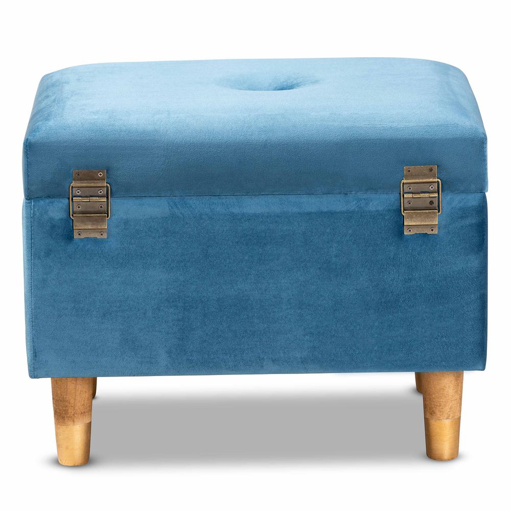 Sky Blue Velvet Fabric Upholstered and Oak Brown Finished Wood Storage Ottoman. Picture 16