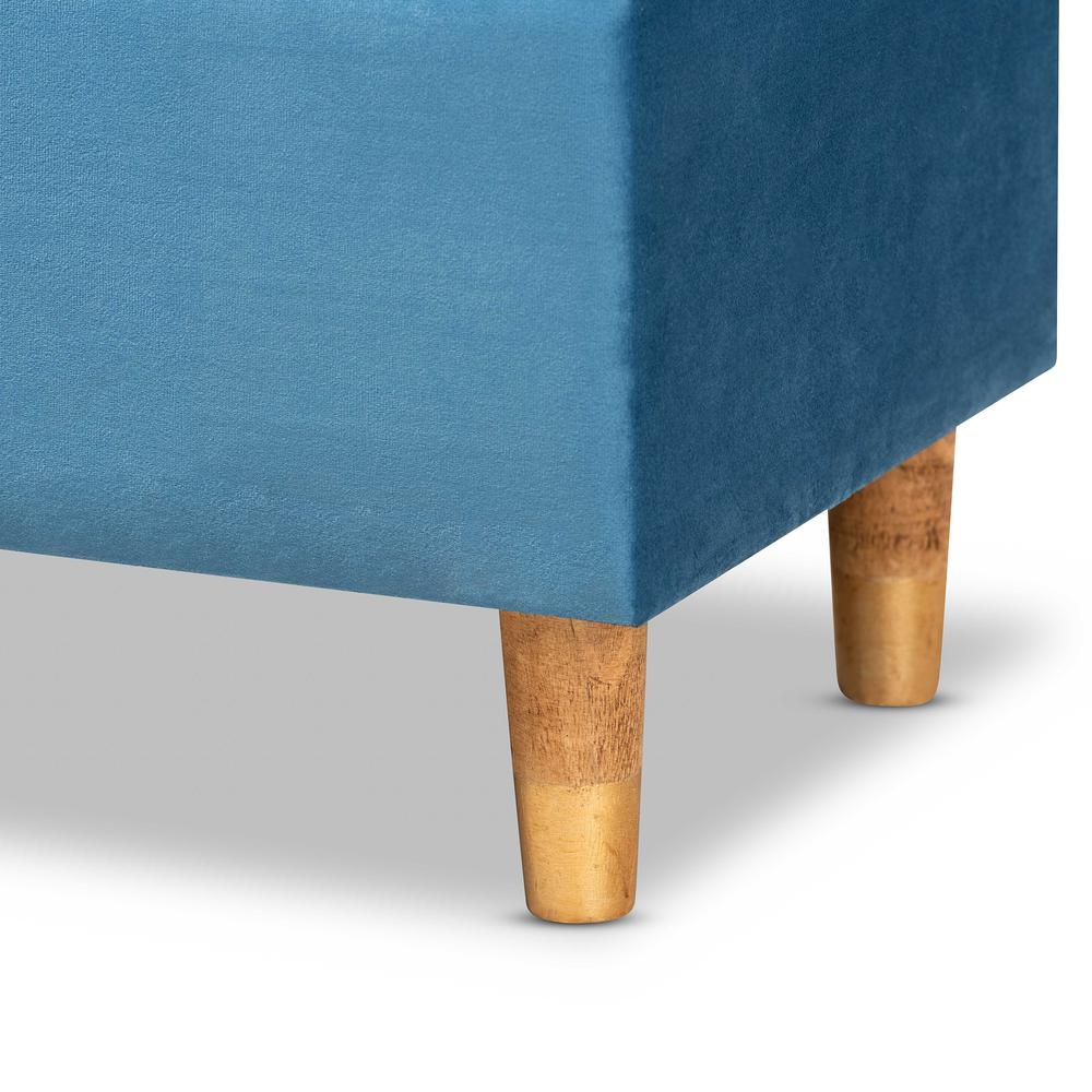 Sky Blue Velvet Fabric Upholstered and Oak Brown Finished Wood Storage Ottoman. Picture 18