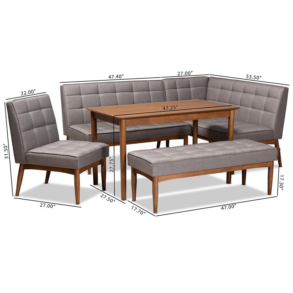Grey Fabric Upholstered and Walnut Brown Finished Wood 5-Piece Dining Nook Set. Picture 24