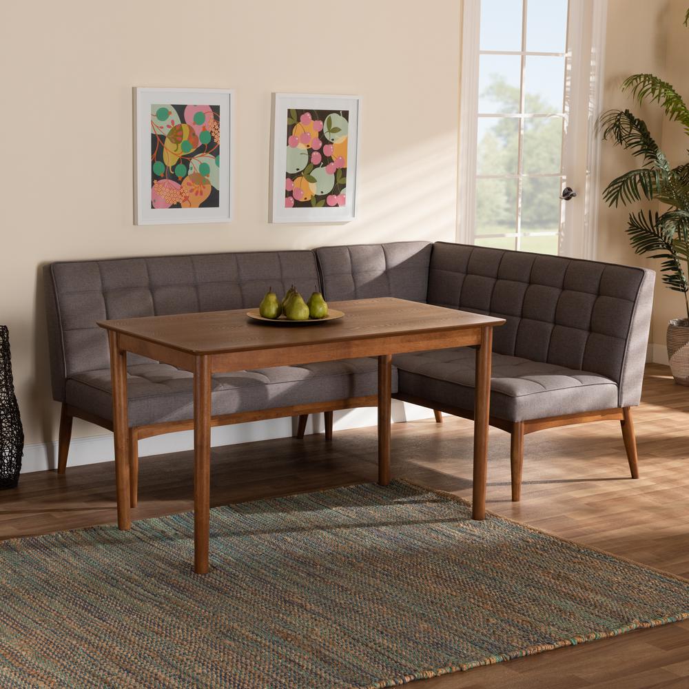 Grey Fabric Upholstered and Walnut Brown Finished Wood 3-Piece Dining Nook Set. Picture 18