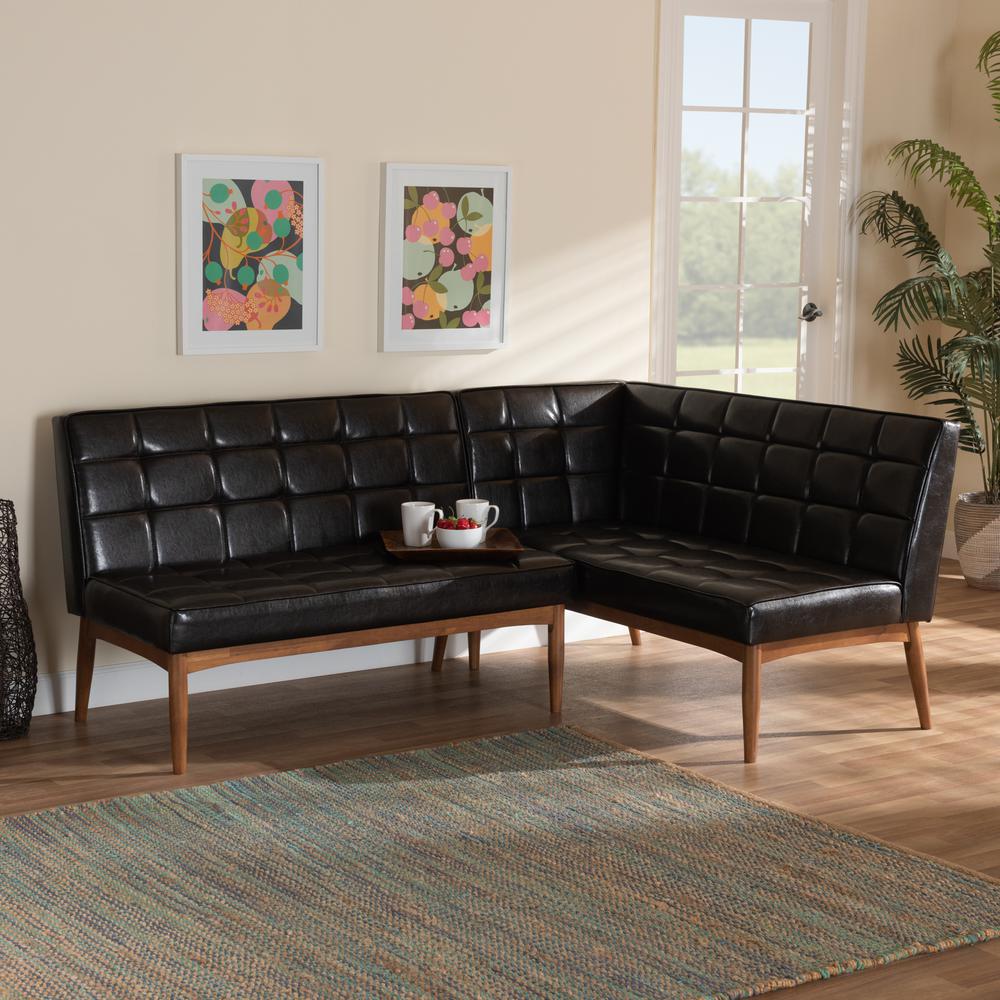 Leather Upholstered Walnut Brown Finished Wood 2-Piece Dining Nook Banquette Set. Picture 14