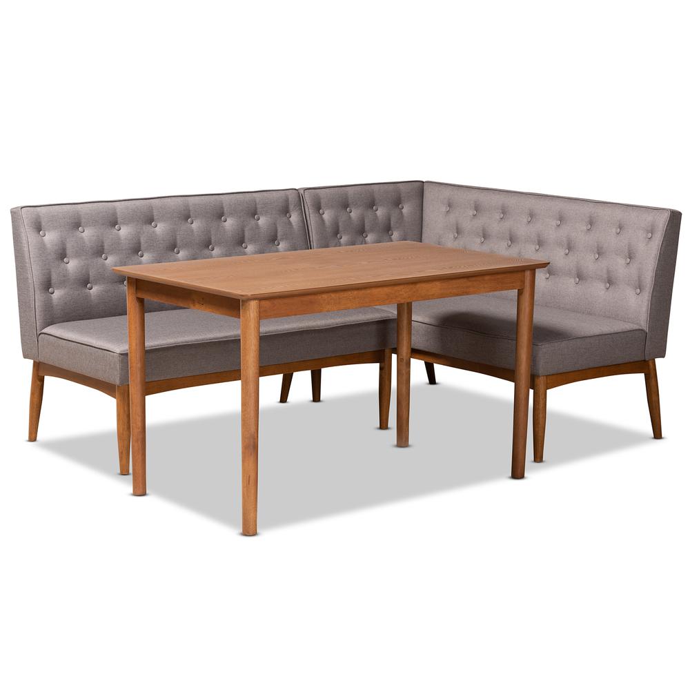 Grey Fabric Upholstered and Walnut Brown Finished Wood 3-Piece Dining Nook Set. Picture 11