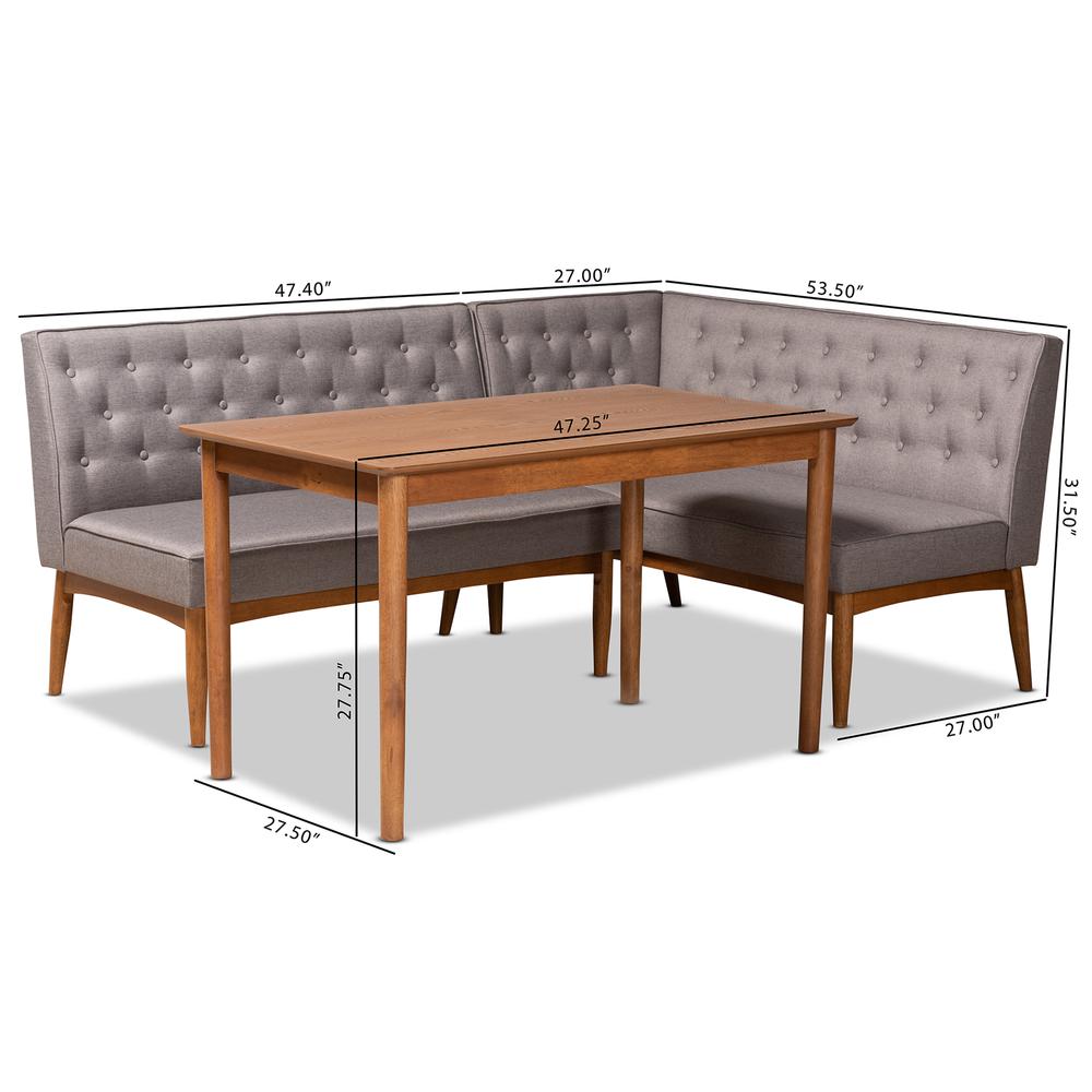Grey Fabric Upholstered and Walnut Brown Finished Wood 3-Piece Dining Nook Set. Picture 20