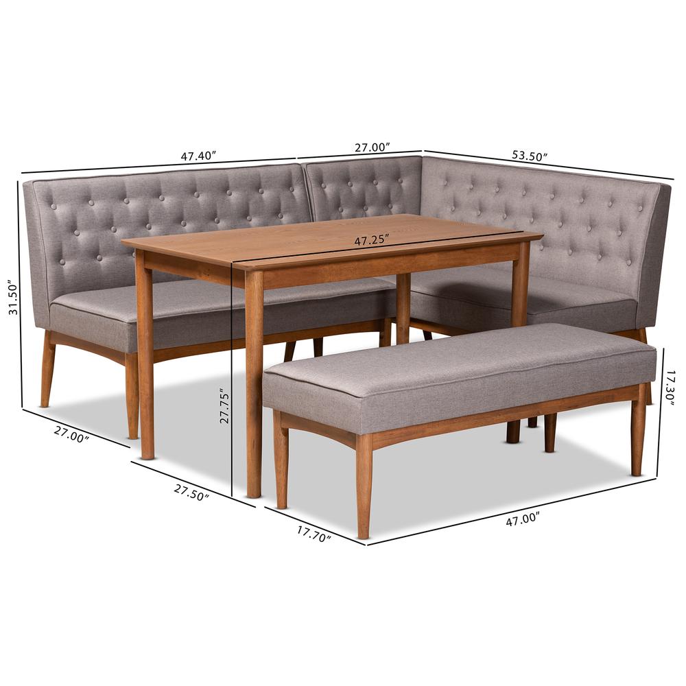 Grey Fabric Upholstered and Walnut Brown Finished Wood 4-Piece Dining Nook Set. Picture 22