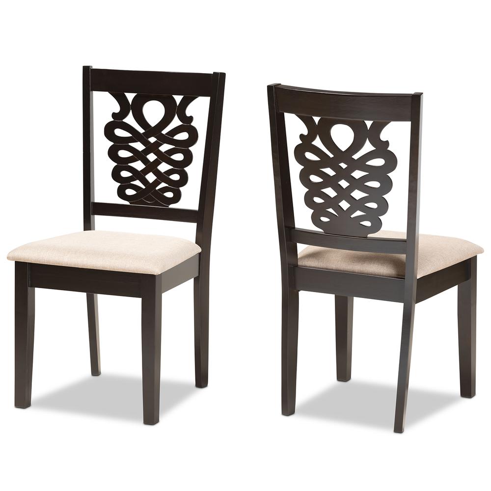 Sand Fabric Upholstered and Dark Brown Finished Wood 2-Piece Dining Chair Set. Picture 9