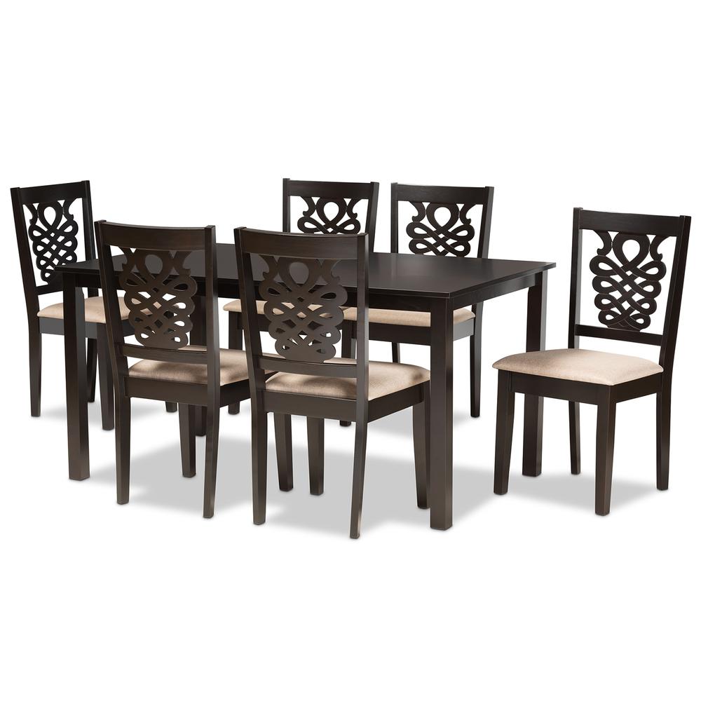 Sand Fabric Upholstered and Dark Brown Finished Wood 7-Piece Dining Set. Picture 10